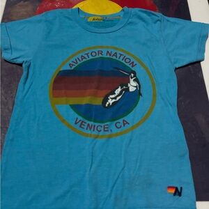 Aviator Nation Turquoise Blue Logo Tee with Yellow & Red Accents